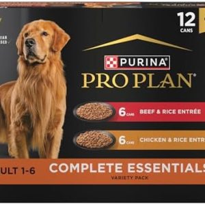 Purina Pro Plan Complete Essentials Wet Dog Food Chicken and Rice Entree and Beef and Rice Entree Variety Pack – (Pack of 12) 13 oz. Cans