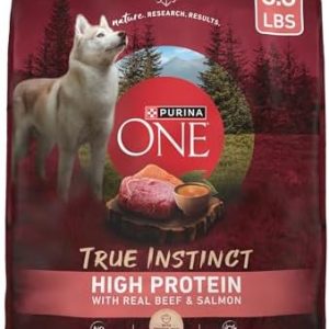 Purina ONE Natural High Protein Dry Dog Food Dry True Instinct with Real Beef and Salmon With Bone Broth and Added Vitamins, Minerals and Nutrients – (Pack of 4) 3.8 lb. Bags