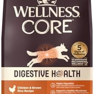 Wellness CORE Digestive Health Dry Dog Food with Wholesome Grains, Highly Digestible, for Dogs with Sensitive Stomachs, Made in USA with Real Chicken (Adult, 4-Pound Bag)