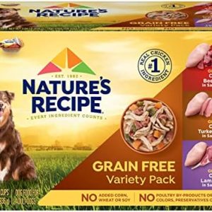 Nature’s Recipe Grain Free Chicken & Beef Recipe, Chicken & Turkey Recipe and Chicken & Lamb Recipe in Savory Broth Variety Pack Wet Dog Food, 12-2.75 oz. Cups, 2 Count