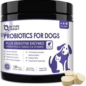 NATURE TARGET Probiotics for Dogs, 6 Billion CFUs, Freeze Dried Dog Probiotics with Prebiotics & Digestive Enzymes, Vitamins, Omega 3, for Gut & Skin & Immune Health, Itch Relief, Reduce Diarrhea, Gas