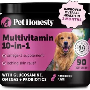 Pet Honesty Multivitamin Dog Supplement, Glucosamine chondroitin for Dogs, Probiotics, Omega Fish Oil, Dog Supplements & Vitamins, Vitamins for Skin and Coat Allergies, (Peanut Butter 90 ct)