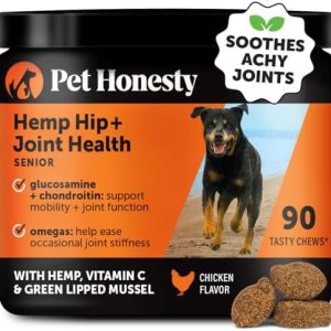 Pet Honesty Senior Hemp Hip & Joint Supplement for Dogs – Dog Joint Supplement with Hemp Oil & Powder, Glucosamine for Dogs, Collagen, MSM & Green Lipped Mussel – Mobility for Senior Dogs (Chicken 90)