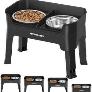 URPOWER 3-in-1 Elevated Dog Bowls – Mess Proof Double Deck 4 Height Adjustable Raised Stand with 2 Stainless Steel Food Bowls & Licking Plate for Small, Medium & Large Dogs