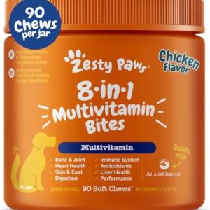 Zesty Paws Multivitamin Treats for Dogs – Glucosamine Chondroitin for Joint Support + Digestive Enzymes & Probiotics – Grain Free Dog Vitamin for Skin & Coat + Immune Health – Chicken Flavor – 90ct